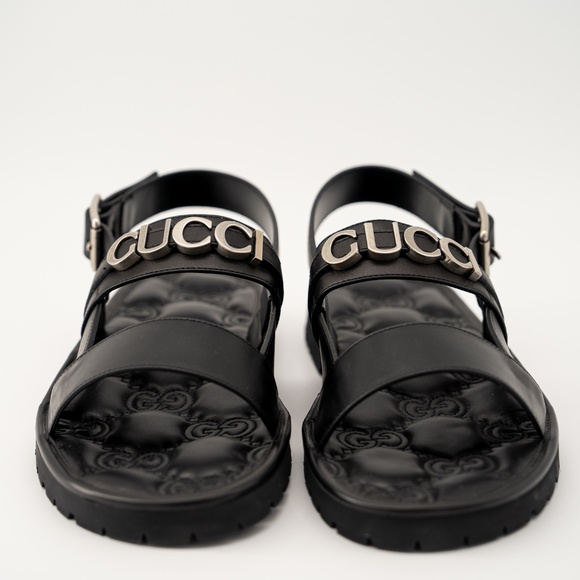 size 11G 11.5 US Gucci Leather Sandals Black Silver Logo Strap Buckle main image 11